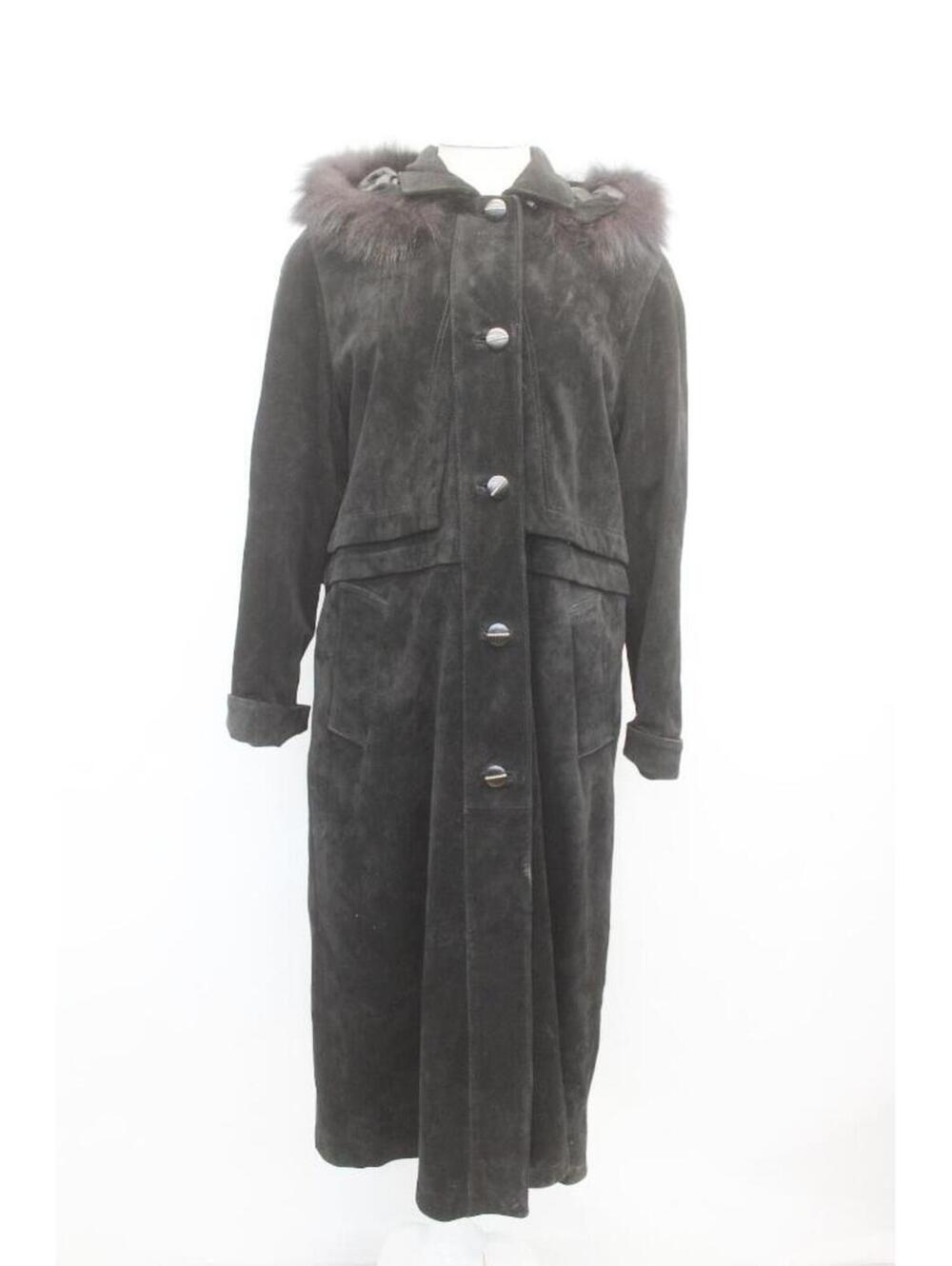 Excellent Black Suede & Fox Fur Coat Jacket Women Woman Size 6 Small Hood